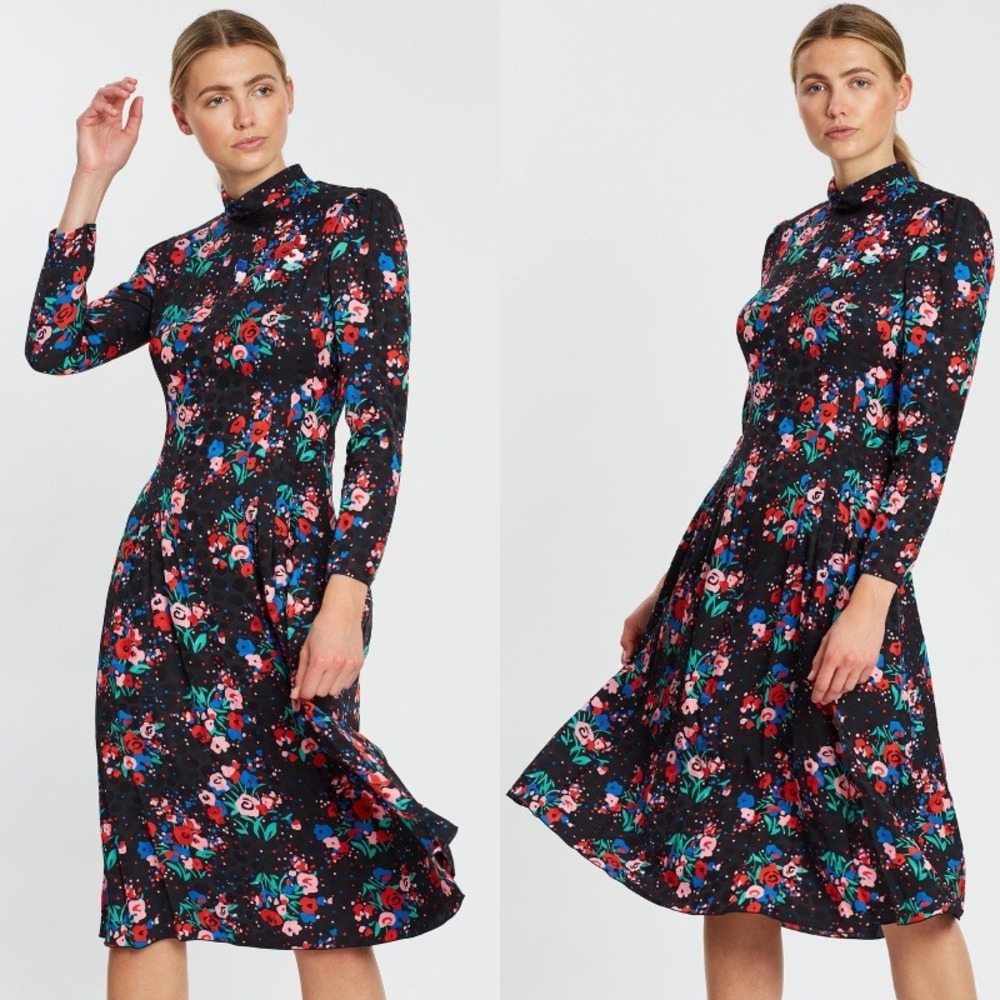 Marc Jacobs The 40s Long Sleeve Midi Dress‎ Floral Print Beaded Sequin Size 10